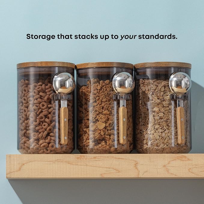 JoyJolt Holden 32oz Stackable Glass Storage Containers with Lids and Scoops, Airtight Food Canister Set of 3 w/Acacia Wood Lids, Round Stacking Pantry and Kitchen Containers w/Scoop | Smoke - Image 5
