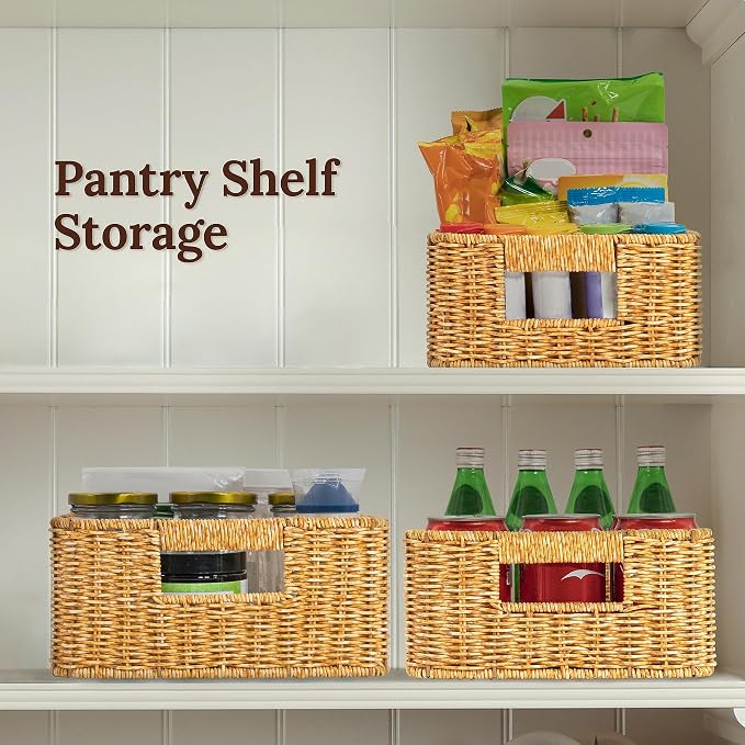 WeeNest Baskets for Storage, Wicker Basket, Rectangular, Set of 3, Amber | Baskets for Organizing, Pantry Basket, Undershelf Wicker Storage, Storage Baskets for Closet, Baskets for Shelves - Image 4