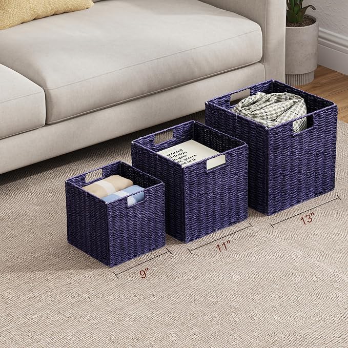 Wicker Storage Basket, Set of 2 Hand-Woven Paper Rope Wicker Basket, Foldable Cube Storage Bins, Square Large Storage Baskets for Organizing Shelves, Decor, Orange (13″×13″×13″) - Image 8