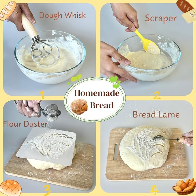 Sourdough Starter Kit, 20PCS Bread Baking Supplies with Banneton Basket | 9 in Round & 10 in Oval Silicone Proofing Bowls, Feeding Jar, Bread Sling, Scrapers, Lame Blades, Stencils - Image 3