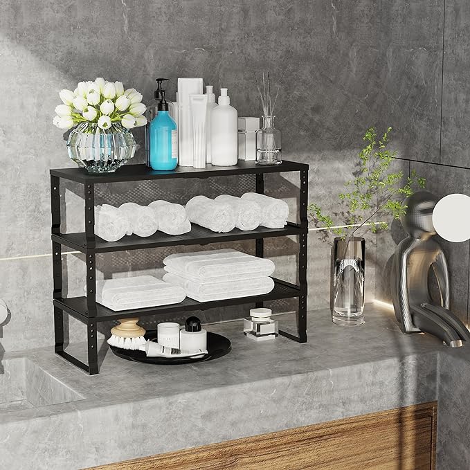 Jojocross Expandable Adjustable Stackable Kitchen Organizer, Spice Rack,Metal Pantry Storage Shelves Racks,Counter Shelf for Cabinets, Countertop, Cupboard (3 Packs/Large/Black) - Image 4