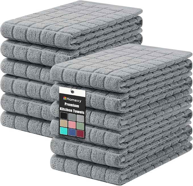 Homaxy Premium Ring Spun Cotton 390 GSM Kitchen Towels, 6 Pack, Grey | 16" x 28" Large Dish Towels, Super Absorbent Terry Hand Towels, Soft Tea Towels with Hanging Loops by Homaxy