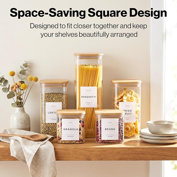 Glass Pantry Storage Jars Containers with Bamboo Lids and Labels - Set of 5 | Extra Thick Square Glass Canisters with Bamboo Wood Lids and 54 Pre-printed Pantry Labels keeps dry Goods Fresh and Organized - Image 3