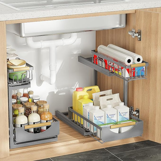 Under Sink Organizer and Storage 2 Tier Cabinet Pull Out Shelf Organizers | 2 Pack 2 Tier under sink storage for Bathroom and Kitchen Slide Out Drawer Organization for Home Cabinets Shelves and Drawers by Aekenr
