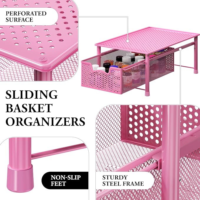 Simple Houseware Stackable Cabinet Basket Drawer Organizer, Pink - Image 4