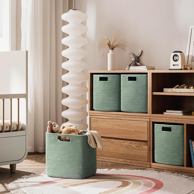 UBBCARE Set of 4 Storage Basket-11 X 10.5 X 10.5 In, Cotton Rope Basket for Shelves, Toys, Book, Cube Storage Bins with Handles, Woven Storage Basket for Organizing, Green - Image 5