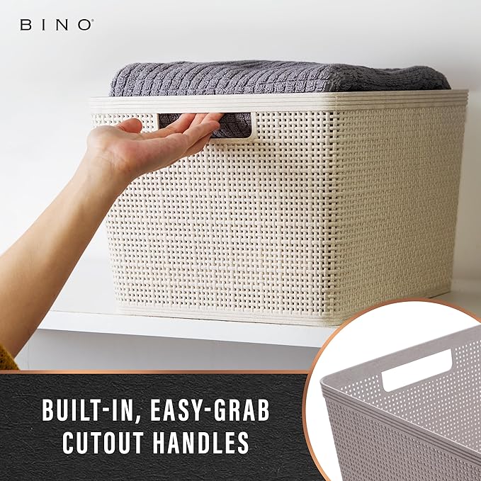 BINO | Woven Plastic Basket | Large (Natural Grey), 3-Pack | THE JUTE COLLECTION | Home Organization, Space - Saving Storage, Stylish Design | Jute Basket | Plastic Storage Basket - Image 4