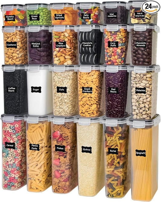 Freshware Kitchen Storage Containers with Lids, 48 PCS Airtight Food Storage Containers, Plastic Kitchen Containers, Pantry Containers for Cereal, Dry Food, Includes Labels, Marker & Measuring Spoons by Freshware