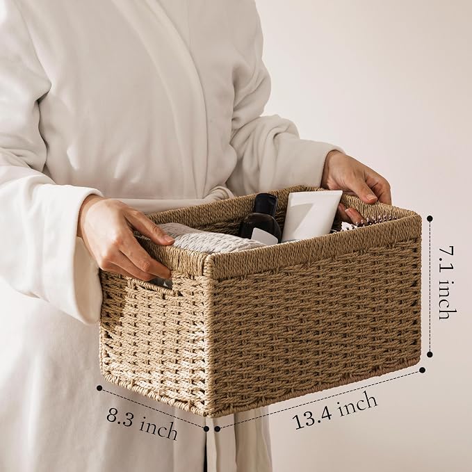 UBBCARE 4 Pack Wicker Basket, 13.4L×8.3H×7.1W inch Woven Paper Rope Storage Baskets for Shelves, Foldable Rectangular Storage Baskets with Handle, Storage Basket for Organizing, Natural - Image 2