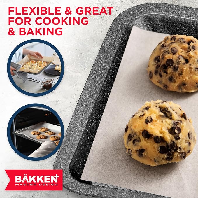 BAKKEN 3-Piece Kitchen Baking Pans - Small, Medium, and Large Cookie Pan, With Nonstick Coating, Stackable and Space-saving Design, PFOA, PFOS, PTFE Free, Oven Safe Tray (Up To 450°F), Gray Marble - Image 6