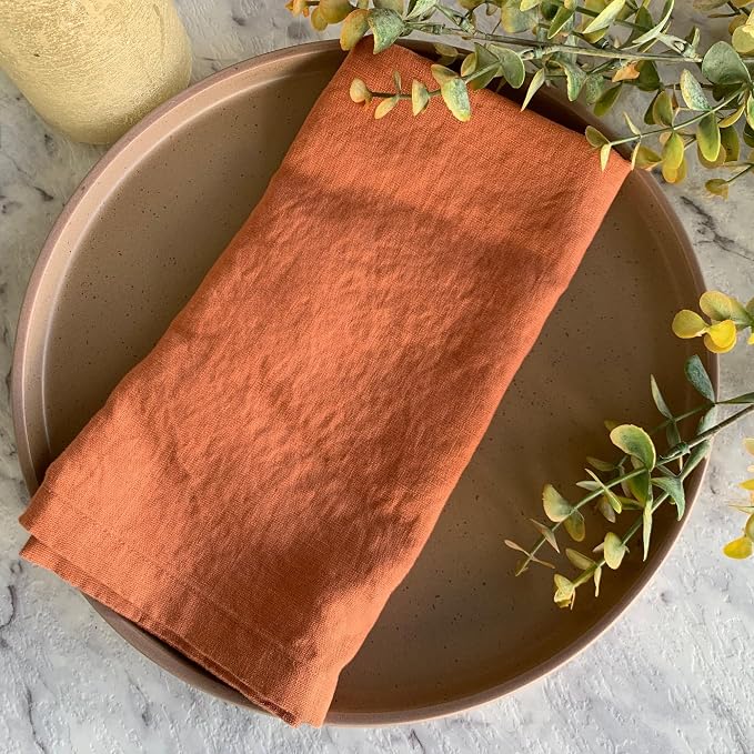 Linen Napkins –100% French Flax – Stonewashed Pure Linen Cloth Napkins - Size 18 Inch x 18 Inch – Set of 4 (Rustic Orange) - Image 4
