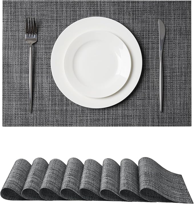 Leetaltree Black and Grey Woven Placemats Set of 8 - Heat Resistant Non-Slip Place mats for Dining Table, Washable Durable PVC Vinyl Woven Table Mats(Black & Grey, 8) by Leetaltree-ArtatEveryTable