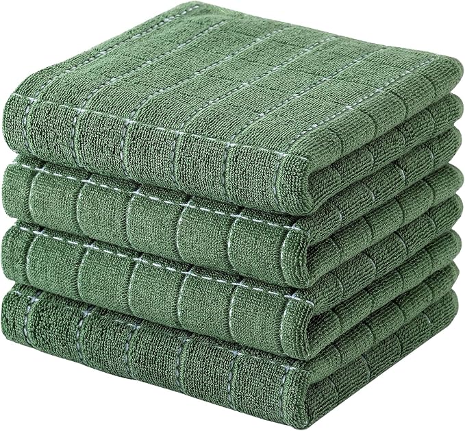Kitinjoy 100% Cotton Terry Kitchen Towels, 13”x 28”, 4-Pack, Grass Green | Checkered Designed, Ultra Soft Absorbent Quick Drying Dish Towels by Kitinjoy
