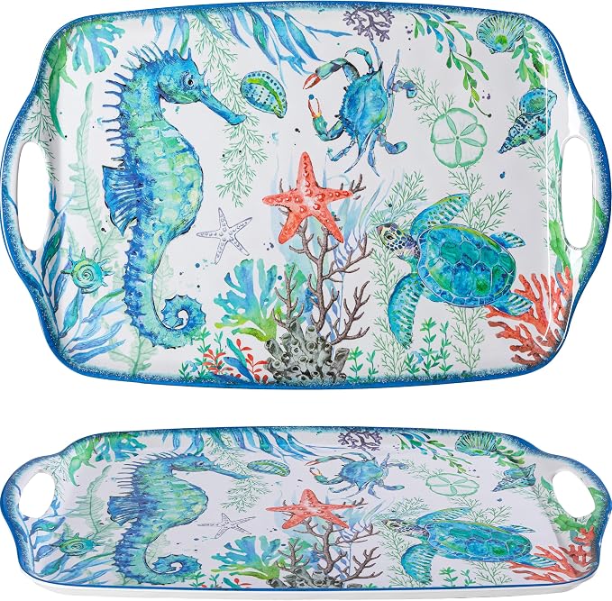 LEHAHA Serving Tray with Handles, Large Rectangular Melamine Serve Platter for Serve Food, Set of 2, 19 x 12 inch,Unbreakable Food Platter for Coffee Table, Ottoman Tray for Bedroom, Living Room. by LEHAHA
