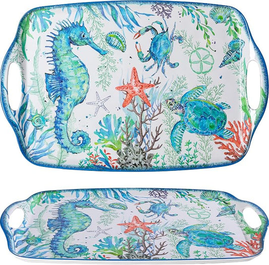 LEHAHA Serving Tray with Handles, Large Rectangular Melamine Serve Platter for Serve Food, Set of 2, 19 x 12 inch,Unbreakable Food Platter for Coffee Table, Ottoman Tray for Bedroom, Living Room. by LEHAHA