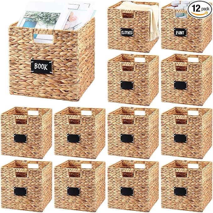 Jinei 12 Pcs Wicker Storage Basket Bulk, 12 x 12 Inch Handwoven Water Hyacinth Folding Cube Bin with Handles Labels for Shelves Pantry Laundry Organization by Jinei