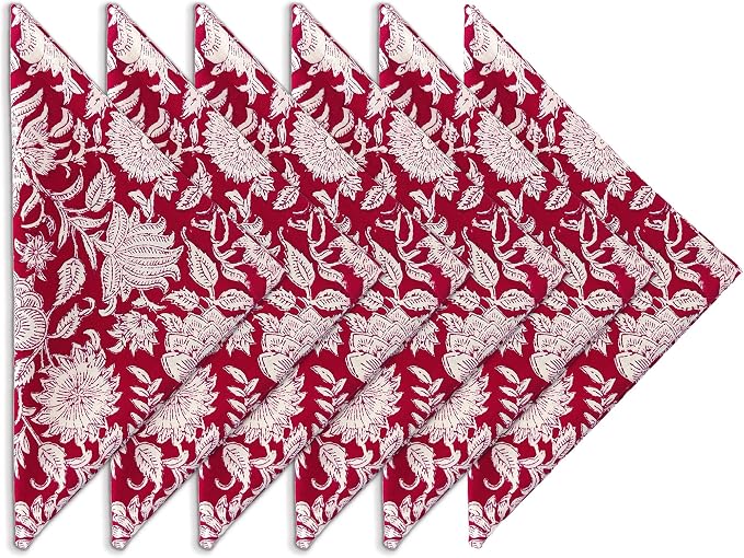 Cotton Print Napkins 18x18 inches - Washable Cloth Dinner Napkins Set of 6 - Everyday Use or Dinner Party and Events - Red White Indian Block Printed Soft Fabric by Craftbot by AVKAStudio