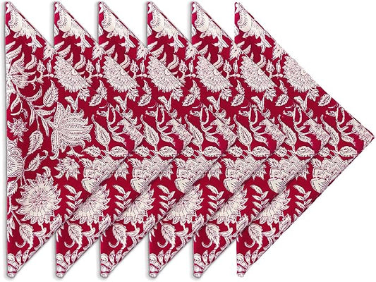 Cotton Print Napkins 18x18 inches - Washable Cloth Dinner Napkins Set of 6 - Everyday Use or Dinner Party and Events - Red White Indian Block Printed Soft Fabric by Craftbot by AVKAStudio