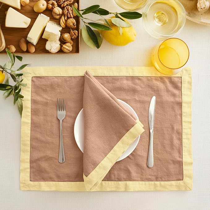 Linen World 100% French Linen Napkins Set of 4,20 x 20 Inch Double Layer Cloth Napkins,Washable Heavyweight for Holiday Dining Kitchen Decor,Lemon Yellow with Terracotta Contrast Border - Image 6