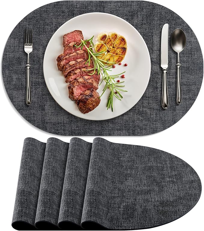 Placemats for Dining Table Set of 4 Non-Slip, Heat Resistant Oval Leather Placemat Double Layer, Waterproof Table Mats Easy to Clean for Kitchen Dining Room Coffee Office Table, Charcoal by Delicateandelegantplacemats