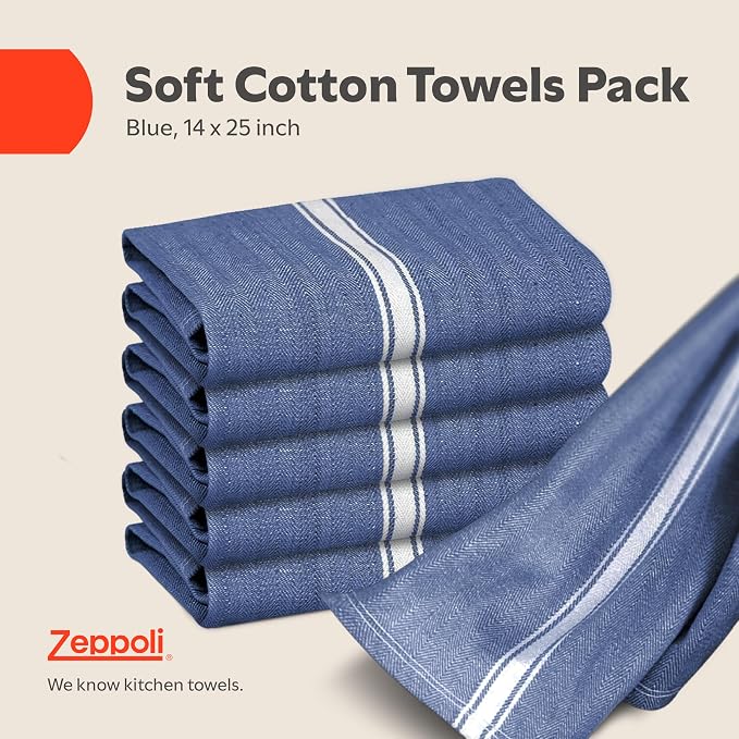 Zeppoli Classic 15 Pack 100% Natural Cotton Kitchen Towel Set, Reusable Wash Cloths, Absorbent Dish Towels, Machine Washable Hand Towels, Kitchen Essentials, 14" x 25" - Navy Blue - Image 2