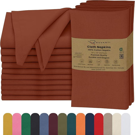 Ruvanti Cloth Napkins Set of 12, 18x18 Inches, Napkin Cloth Washable, Soft & ‎Absorbent 100% Cotton Napkins, Perfect for Wedding, Christmas, ‎Thanksgiving, and Dinner - Rust by Ruvanti