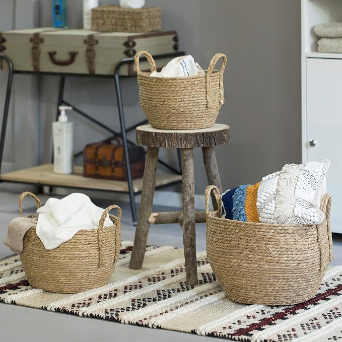 Vintiquewise Decorative Round Wicker Woven Rope Storage Blanket Basket with Braided Handles - Set of 3 - Image 2