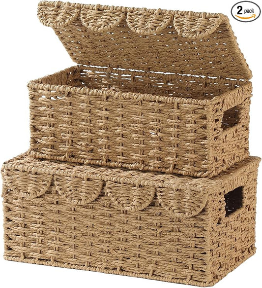 Set of 2 Scalloped Wicker Baskets with Lid,Paper Rope Decorative Storage Baskets for Shelves, Display Shelf, Handmade Cute Woven Basket for Nursery,Living Room Decor by WEAVECOMFORTINTOEVERYCORNER
