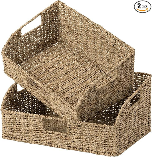 StorageWorks Pantry Baskets for Organizing, Seagrass Storage Baskets,2-Pack | Large Seagrass Baskets, Wicker Storage Baskets for Shelves,Pantry Organizers and Storage,Handwoven Wicker Baskets for Storage by StorageWorks