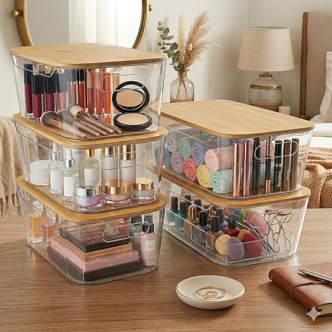 CiWiVOKi 6 Pack Clear Stackable Storage Bins with Bamboo Lids, 3.7L BPA-Free Plastic Organizer Containers with Handles, for Pantry, Kitchen, Fridge, Bathroom, Cabinet & Closet Organization - Image 6