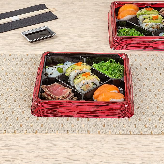 Restaurantware Bento Tek 18.6 Ounce Meal Prep Containers, 100 Disposable To Go Food Boxes - Lids Sold Separately, 5 Compartments, Red And Black Plastic Bento Lunch Boxes, Freezable, For Take Out - Image 4