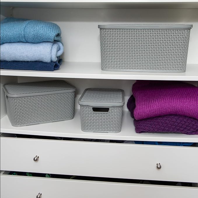BranQ - Home essential Set of 2 baskets with lid in rattan design, size S 7 L, BPA free, PP plastic, light gray, 28.5 x 19.5 x 12.9 cm, 2 pieces, S - Image 5