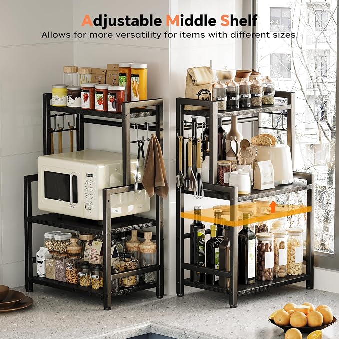 Kitchen Countertop Organizer, 3 Tier Large Spice Rack Organizer with Adjustable Shelf and 5 Hooks, Wooden Counter Organizer, Space Saving Countertop Shelf Microwave Stand for Kitchen,Coffee Bar,Black - Image 2