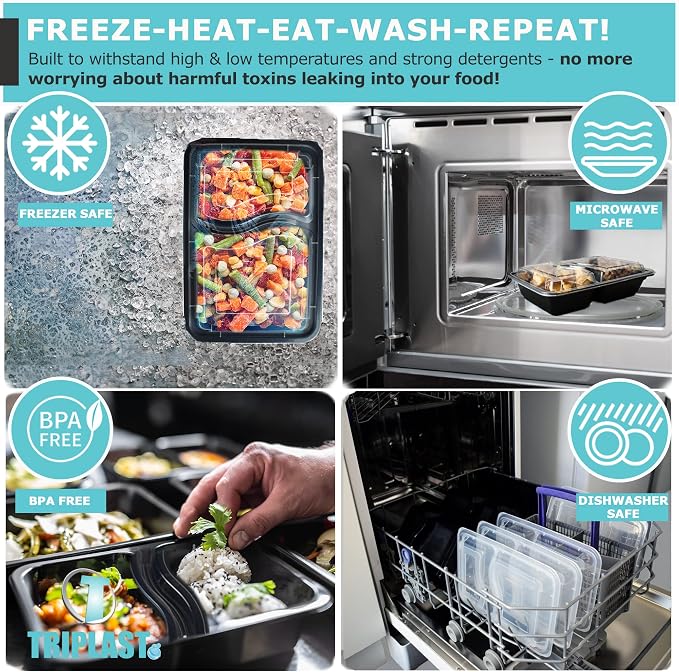 Triplast 5 x Meal Prep Containers (2 Compartment, 32oz) - Microwave, Freezer & Dishwasher Safe – BPA Free, Reusable, Leakproof & Stackable Food Storage Bento Lunch Boxes for Home, Office & School Use - Image 3