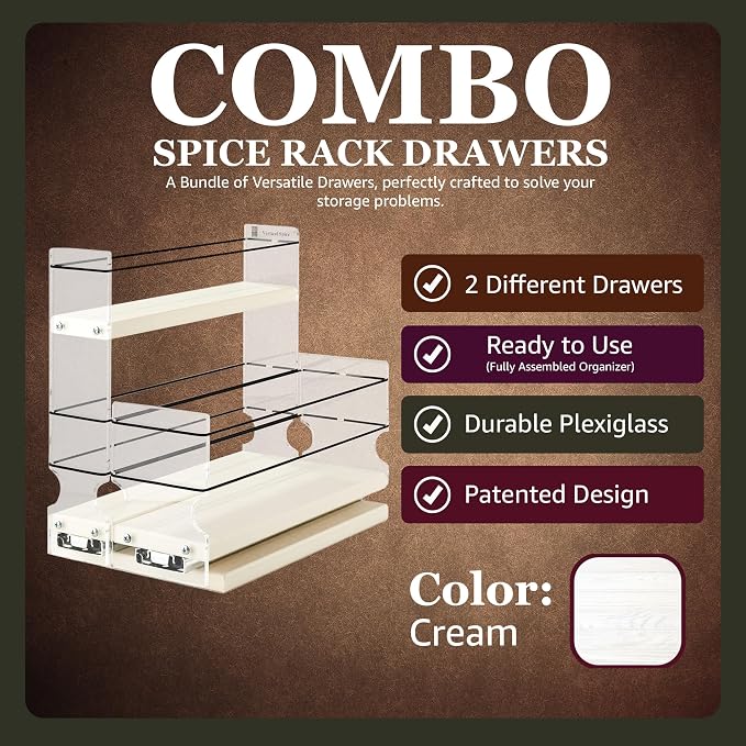 Combo Spice Rack Drawer - Pull Out Pantry Organizers and Storage - Kitchen Cabinet Organizer - Seasoning Sliding Caddy - Made in USA (5.75" W x 9.25" H x 10.60" D, Assembled) - Image 2