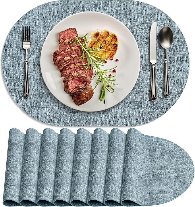Placemats for Dining Table Set of 8 Non-Slip, Heat Resistant Oval Leather Placemat Double Layer, Waterproof Table Mats Easy to Clean for Kitchen Dining Room Coffee Office Table, Light Blue by Delicateandelegantplacemats