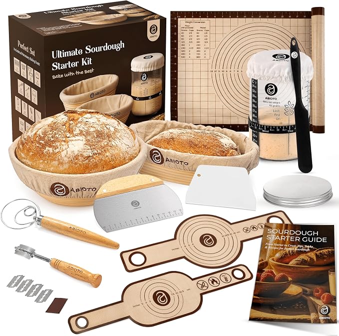 Sourdough Starter Kit with 10" Round & 11" Oval Banneton Proofing Basket and 34oz Starter Jar - Beginner-Friendly Sourdough Bread Baking Supplies and Baking Gifts for Women, Men, and Bread Bakers by ABIOTO