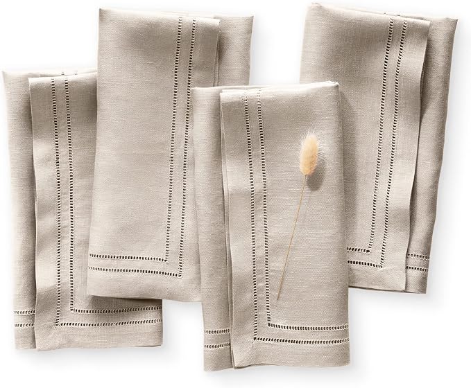 Natural Linen Napkins 20 x 20 inch - 100% Flax Linen Double Hemstitch Dinner Napkins Set of 4 - Cloth Napkin Washable Perfect for Summer, Father's Day, 4th of July by OlucioAuthentiqueHome