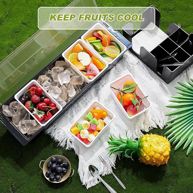 Tessco for you Garnish Tray with Lid Bar Caddy Ice Cooled Condiment Serving Container with Ice Scoop Metal Mini Serving Tongs Fruit Fork Spoons for Food Home Party Kitchen(Plastic,5 Grids) - Image 5