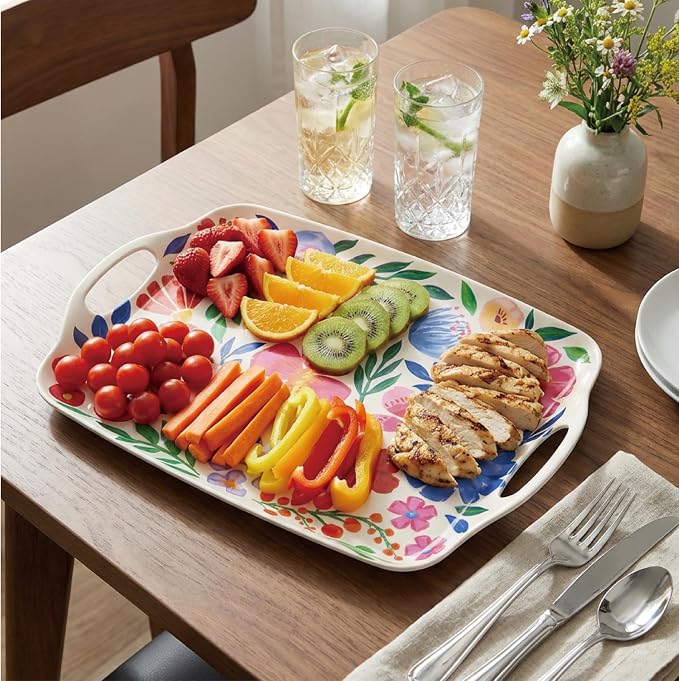 TP Large Melamine Serving Trays with Handles, 19" x 12", Set of 2, Floral | Rectangular Trays, Serving platters, Turkey and Party Serving, Lightweight, Break-resistant - Image 7