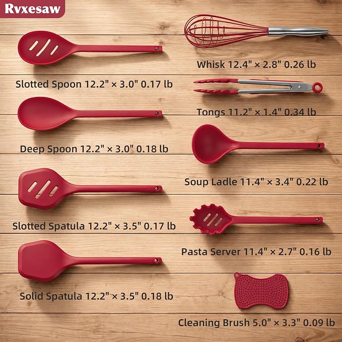 Kitchen Utensils Set,9 PCS Silicone Cooking Utensils Set Spatula Set,Cooking Utensils Tool,Tongs,Spoon,Whisk,Brush,Dishwasher Safe Kitchen Gadgets for Non-Stick Cookware,Home Essential(Red) - Image 4