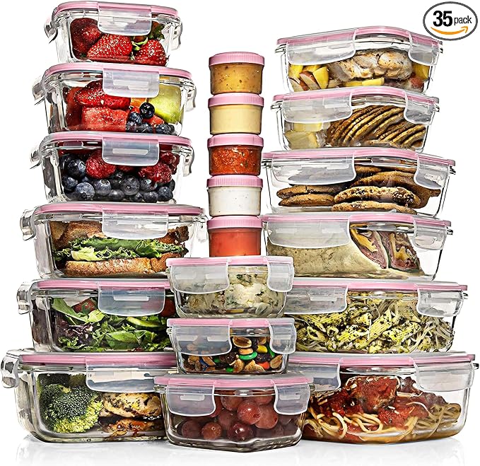 Razab 35 Pc Set Glass Food Storage Containers with Lids - Meal Prep Airtight Bento Boxes BPA-Free 100% Leak Proof (15 lids,15 glass & 5 Plastic Sauce/Dip Containers) by RazabHomeGoods