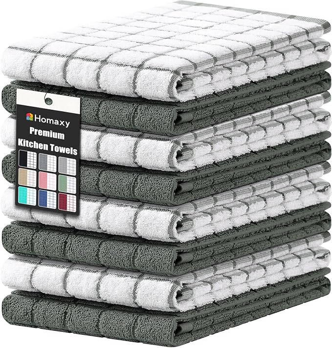 Homaxy Large Premium Cotton Kitchen Towels 16"x 28", 8 Pack, Dark Green | Natural Ring Spun 390 GSM Dish Towels, Super Absorbent Terry Kitchen Hand Towels, Soft Tea Towels with Hanging Loop by Homaxy