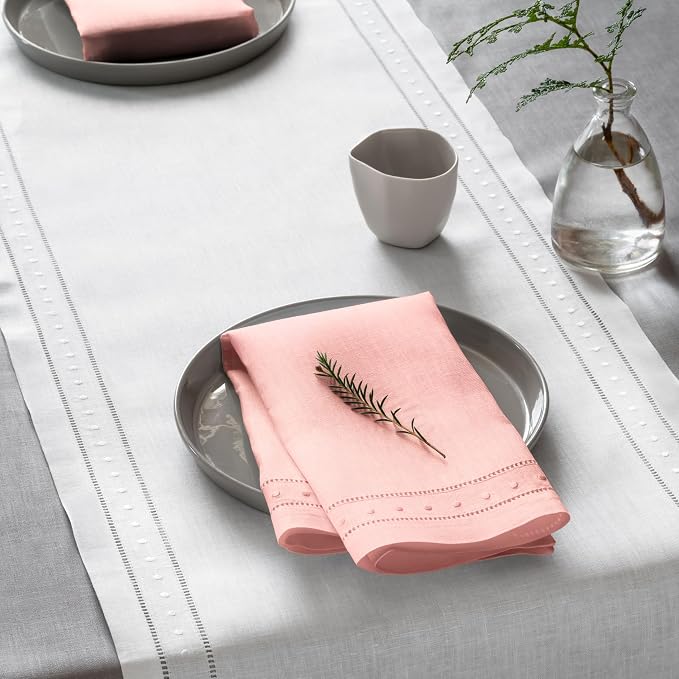 Linen Napkins Set of 4-100% Flax Linen Blush Pink Dinner Napkins with Embroidered Dot 18 x 18 inch - Hemstitch Cloth Napkins Washable for Easter and Spring Decor - Image 8