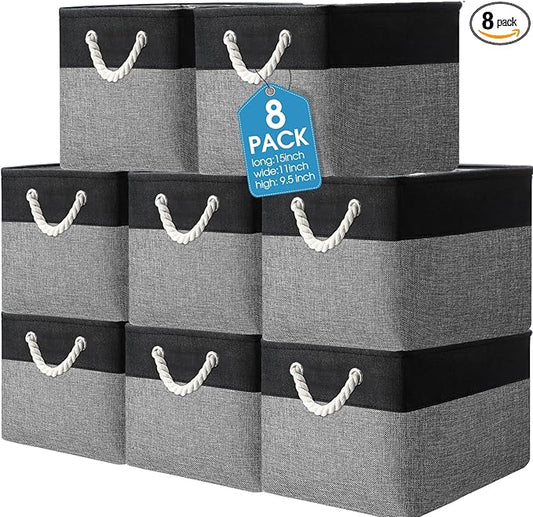 meekoo 8 Pack Collapsible Storage Bins Fabric Storage Bins Polyester Fabric Baskets with Handles Linen Closet Organizer for Shelf Home Closet Towels Toys(15 x 11 x 9.5 in,Black Gray) by meekoo
