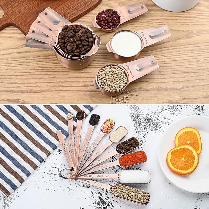 Copper Measuring Cups and Spoons Set 17, 7 Stainless Steel Measuring Cups&9 Long Hanlde Narrow Measuring Spoons for Spice Jar&Leveler, Kitchen Metric&US Measure Cup Spoons for Dry and Liquid - Image 8