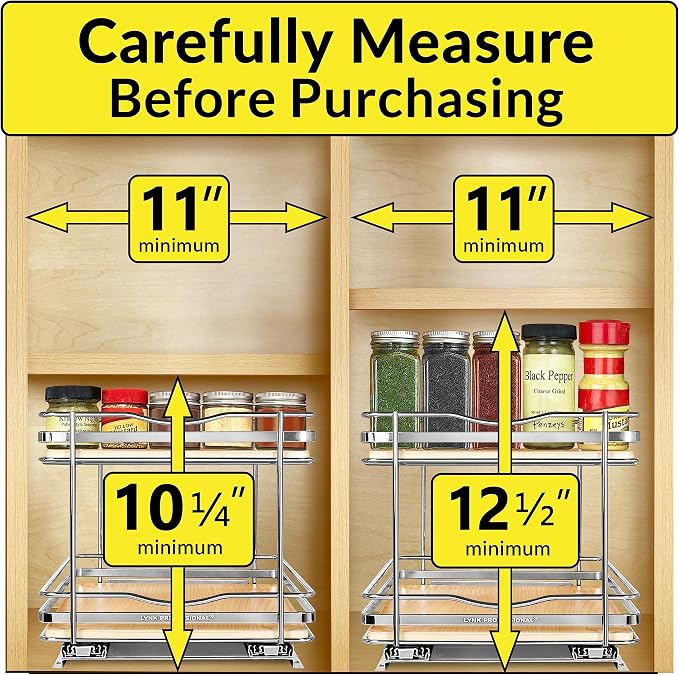 LYNK PROFESSIONAL® Élite™ Pull Out Spice Organization for Cabinets - 10-3/8 inch Wide – Spice Rack for Inside Cabinets – Wood/Chrome - Sliding Spice Rack Organizer for cabinet – Spice Rack - 2 Tier - Image 4