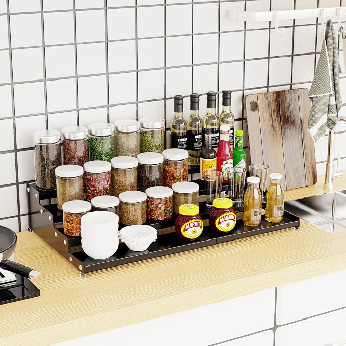 Jojocross Expandable 4-Tier Step Spice Rack Organizer for Kitchen Cabinet Modern Design and Non Skid Space Saving Storage Shelf for Countertop Cabinets Pantry(2Packs/Black) - Image 2