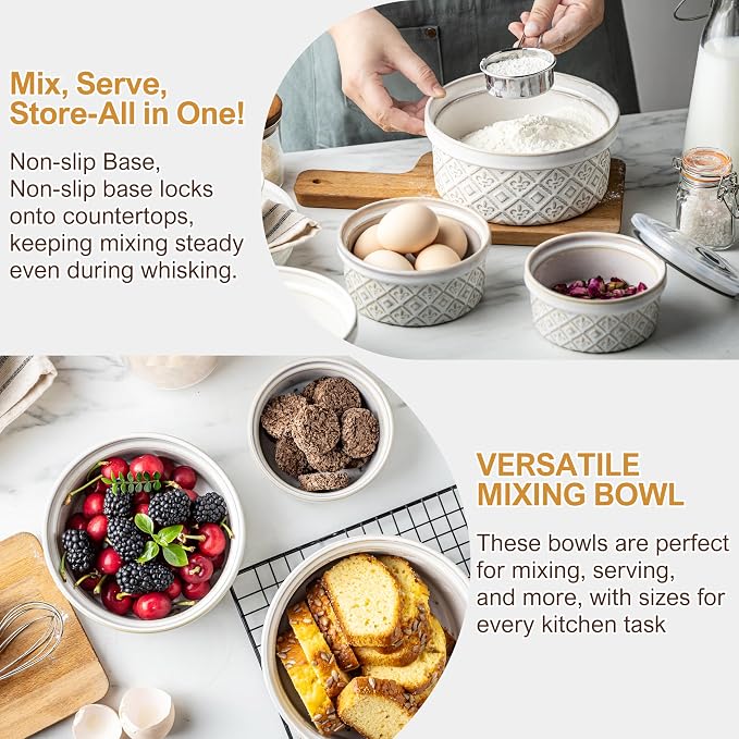 Airtight Food Storage Containers with Lids Mixing Bowls Set, Ceramic Serving Bowls with Lids Set of 4, 12/16/28/40 oz Stackable Nesting Salad Bowls for Cooking, Baking, Ramen - Beige - Image 6