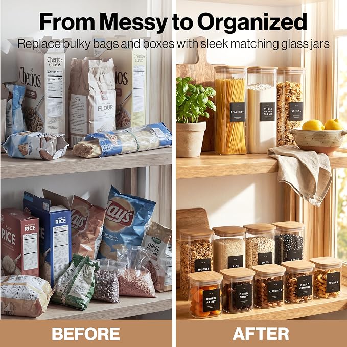 Glass Pantry Storage Jars Containers with Bamboo Lids and Labels - Set of 5 | Extra Thick Square Glass Canisters with Bamboo Wood Lids and 54 Pre-printed Pantry Labels keeps dry Goods Fresh and Organized - Image 4